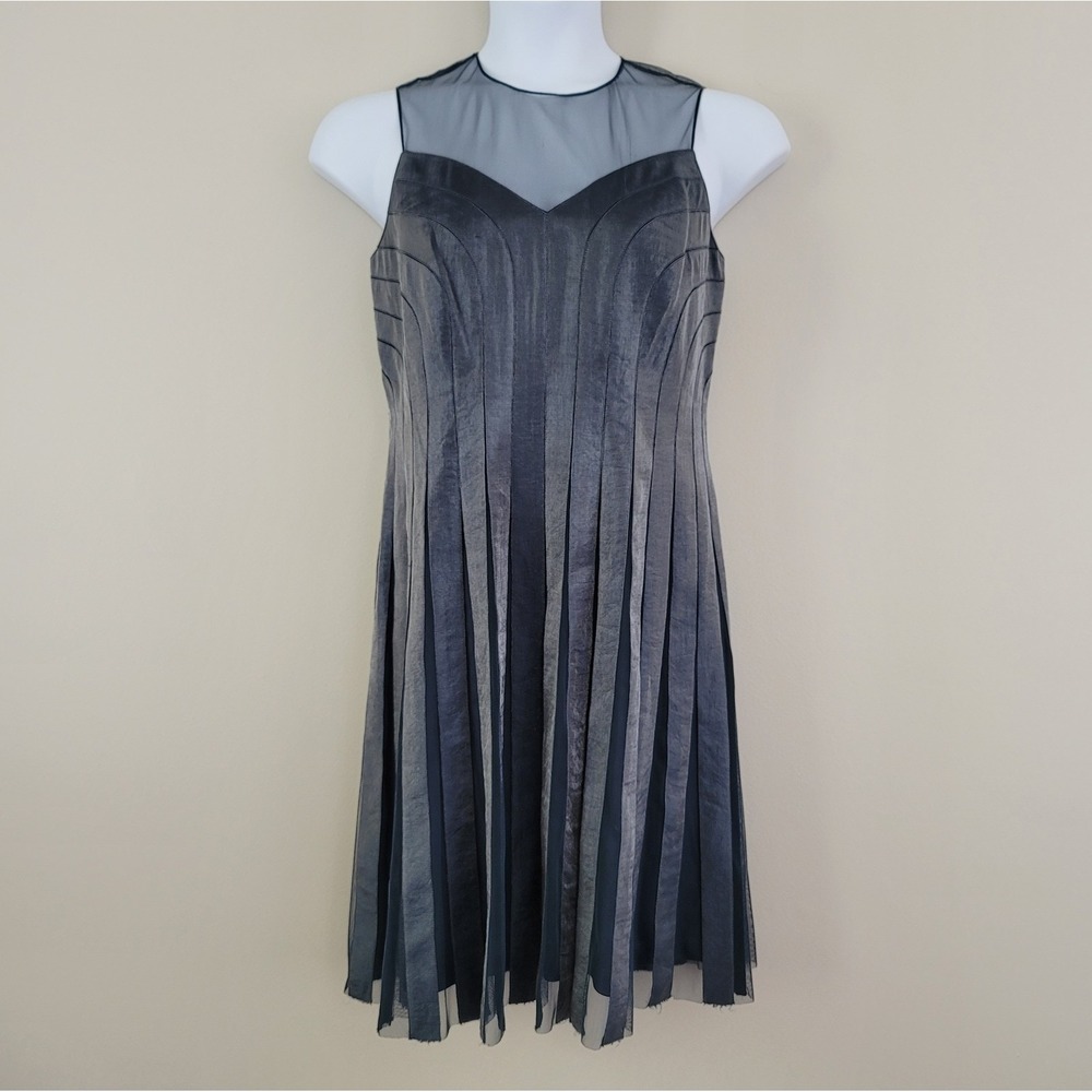 ADRIANNA PAPELL Size 12P Blue Gray Metallic Pleated Formal Party Cocktail Dress - Picture 2 of 9